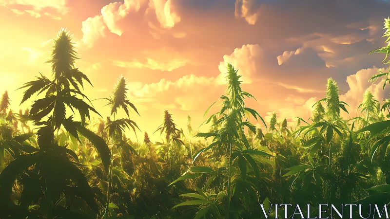 Cannabis field rendered under low-angle sunset illumination