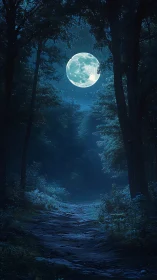 Full moon illuminates dark forest path through towering trees