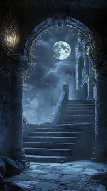 Moonlit gothic staircase ascends into misty ruined citadel