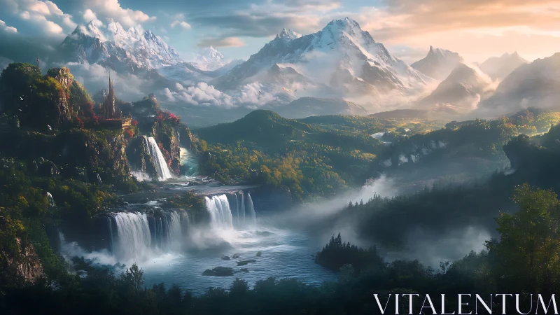 Majestic tiered waterfalls beneath luminous alpine peaks.