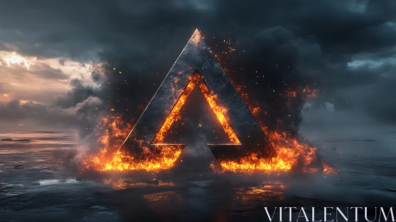 Burning Pyramid Portal Emerging from Stormy Seascape