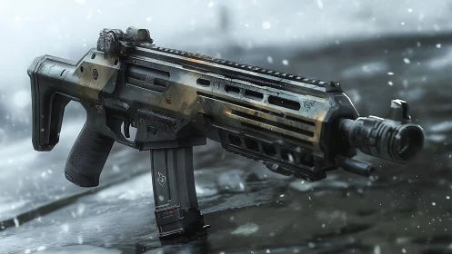 Futuristic tactical rifle resting in a quiet snowy street.