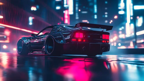 Widebody cyberpunk sports coupe under neon rain at night