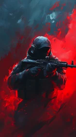 Crimson-shrouded tactical phantom in swirling digital fire.