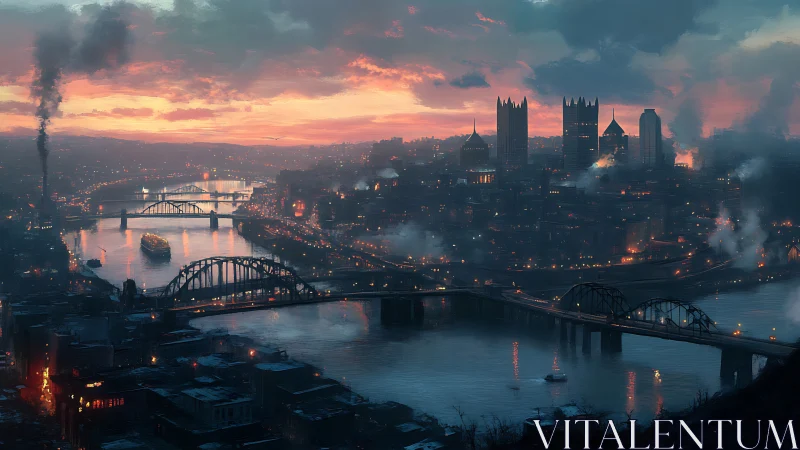 Industrial river city glows under dramatic sunset sky