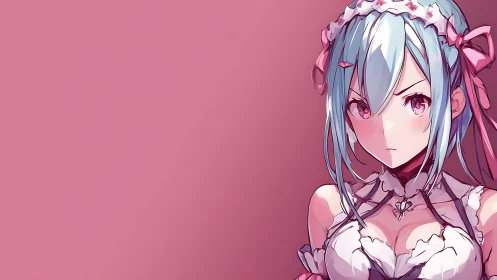 Pink-toned anime maid portrait uses strong asymmetrical framing