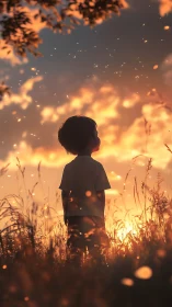 Quiet sunset wonder with a child in glowing meadow light.