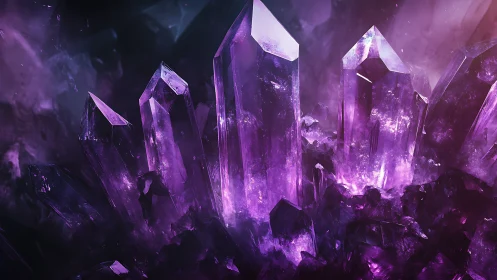 Luminous purple crystal cluster in dark cavern space.