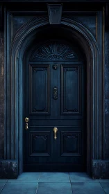 Dark neoclassical door with arched frame and brass hardware.