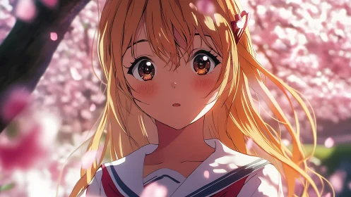 Golden-haired schoolgirl under luminous cherry blossoms.