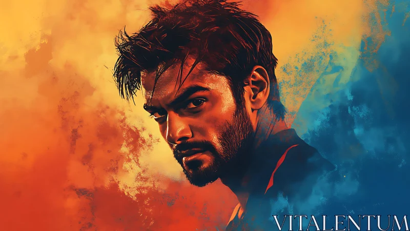 Intense male portrait in fiery orange and cool cyan haze.