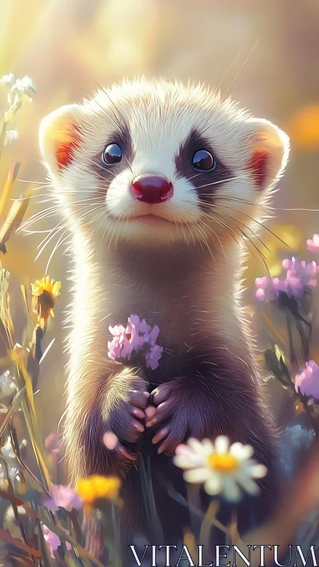 Sunlit ferret florist cradling wild meadow blossoms softly.