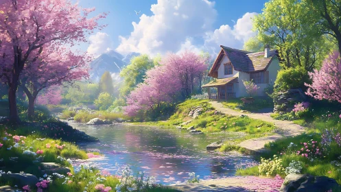 Spring cottage beside blossom river under crystal sky.