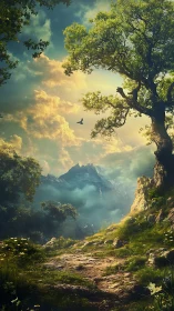 Sunlit alpine trail leads toward mist-shrouded mountain peaks