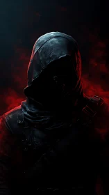 Hooded figure in dark clothing amid red atmospheric smoke.