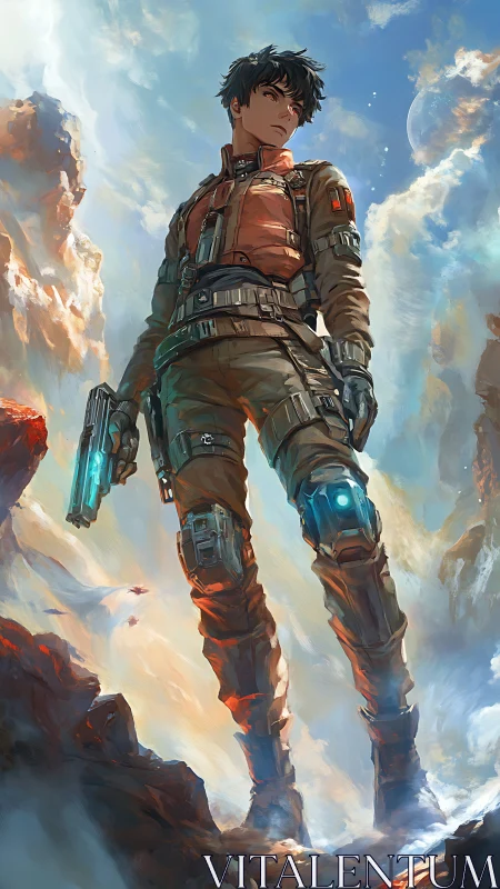 Fearless young space ranger stands ready on a glowing cliff