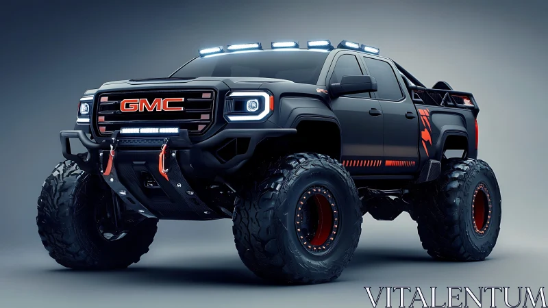 GMC off-road monster truck render with dramatic studio lighting.