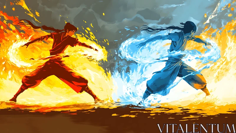 Elemental Clash: Fire and Water Benders in Dynamic Combat.