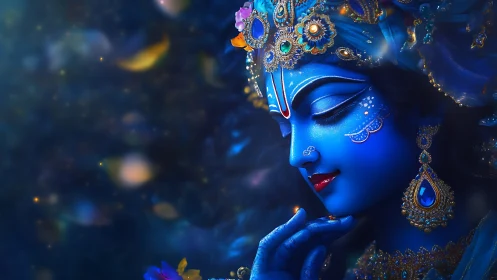 Celestial blue goddess in jeweled midnight reverie portrait.