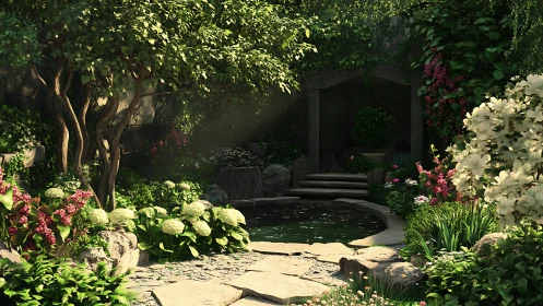 Shaded stone garden with pond and surrounding flowers.