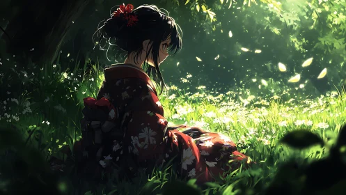 Kimono-clad girl in dappled forest light, contemplative mood.