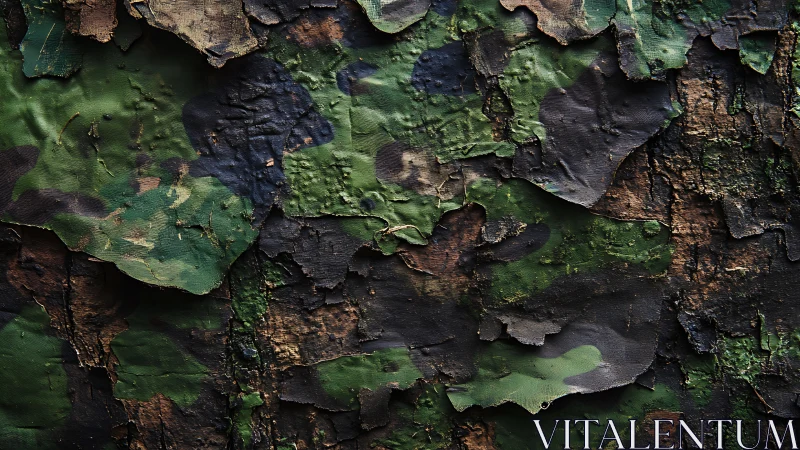 Camouflage fabric fragments peel across weathered bark surface
