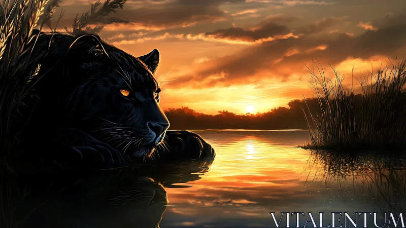 Black Feline at Water's Edge During Sunset