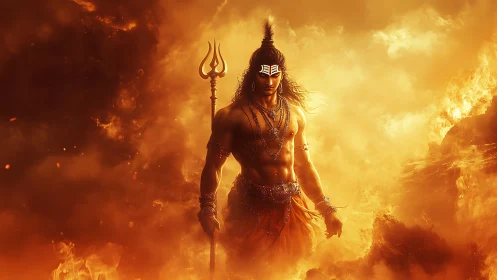 Powerful trident warrior stands in blazing fiery landscape.