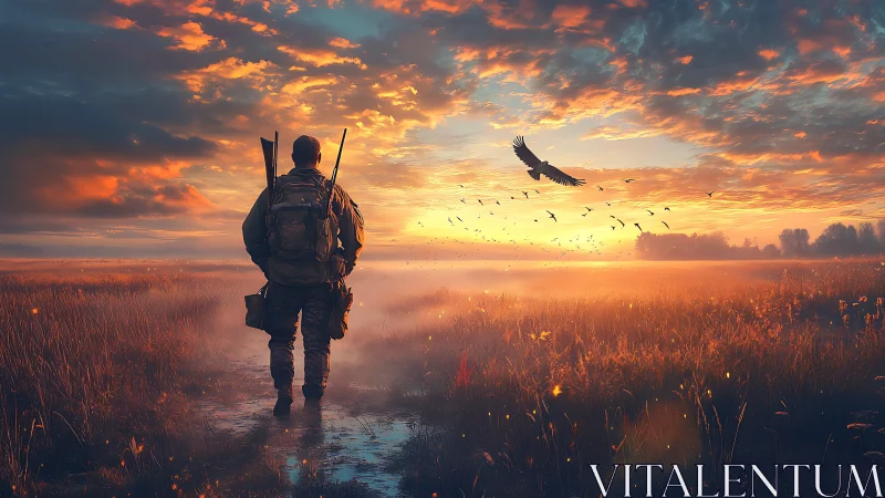 Sunset wanderer crossing misty field beneath soaring hawk.