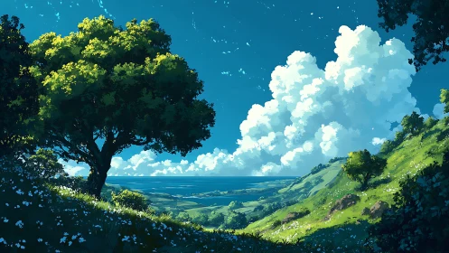 Coastal valley landscape under cumulus cloud formation.