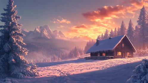 Snowy log cabin under warm sunset in mountain forest.