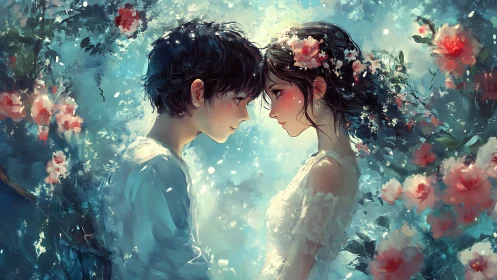 Digital Painting: Two Anime Figures Surrounded by Luminescent Floral Environment