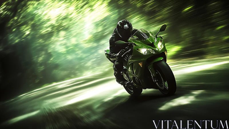 Sportbike rider carving high speed turn through green forest.