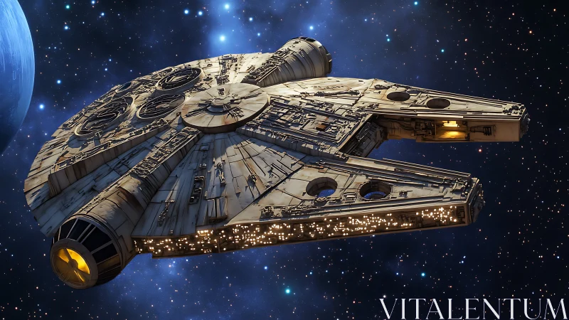 Iconic disc-shaped starship glides through deep space.