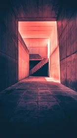 Brutalist concrete corridor with axial light and hidden stairwell.