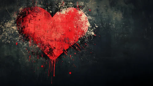 Red heart shape with dripping paint on dark textured background