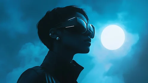 Futuristic profile portrait with visor glasses under blue moon.