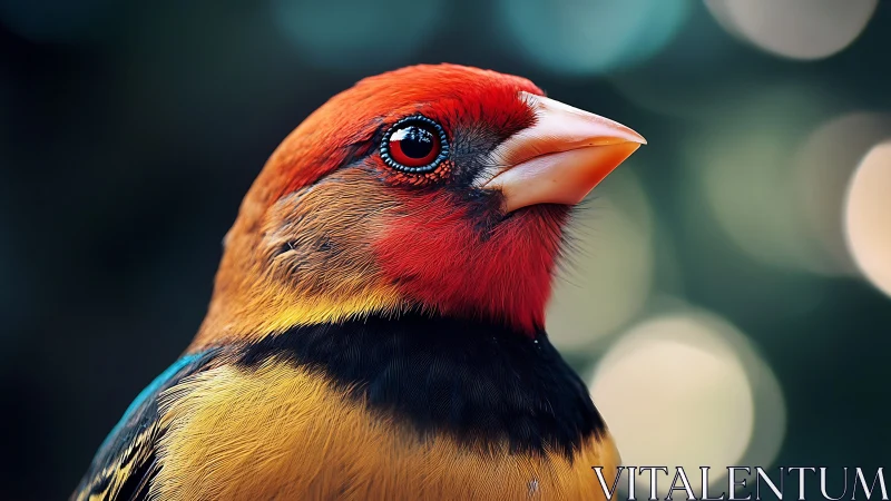 Vibrant portrait of a colorful bird with soft bokeh background.