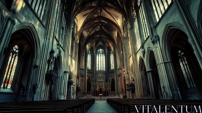 Soaring gothic cathedral bathed in quiet, moody light.