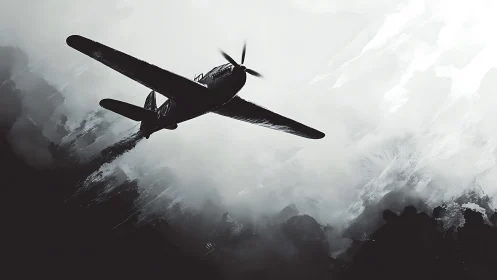 Silhouetted warplane cuts through stormy monochrome sky