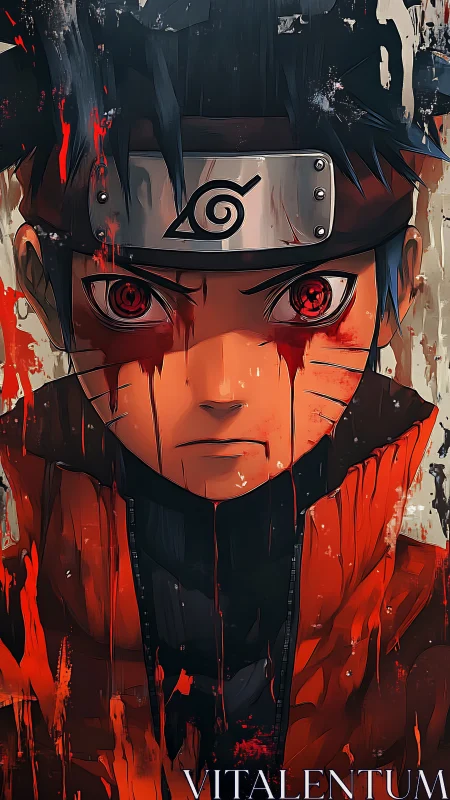 Crimson-eyed ninja storms through splattered dusk and shadow.