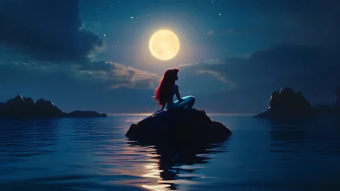 Backlit mermaid silhouette on moonlit ocean with reflective caustics