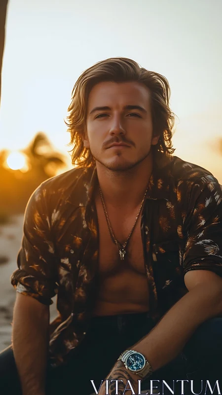 Confident young man on beach at sunset with open shirt.
