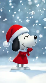 3D Christmas beagle character in stylized snowfall scene.