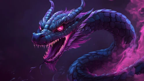 Bioluminescent serpentine dragon with magenta energy plume.