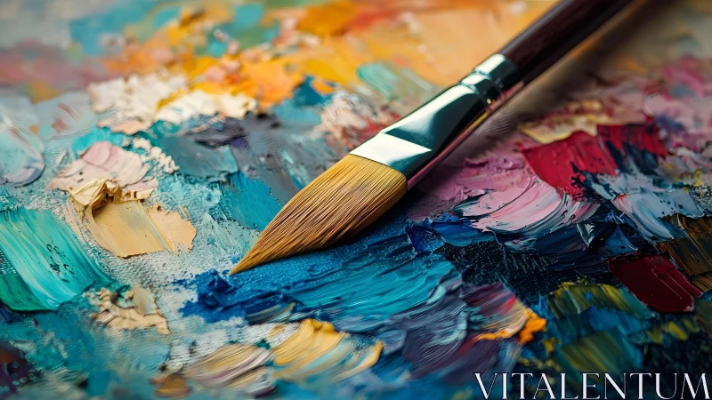 Close-up of Paintbrush on Colorful Oil Paint Palette, Artistic Style.