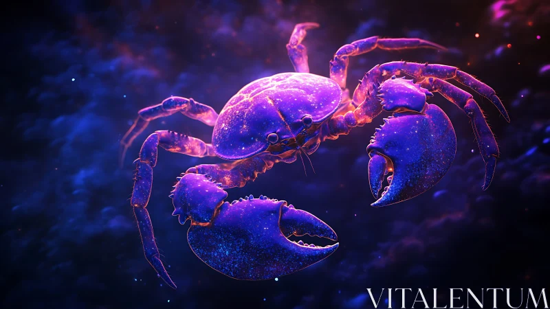 Bioluminescent purple crab floats through cosmic water
