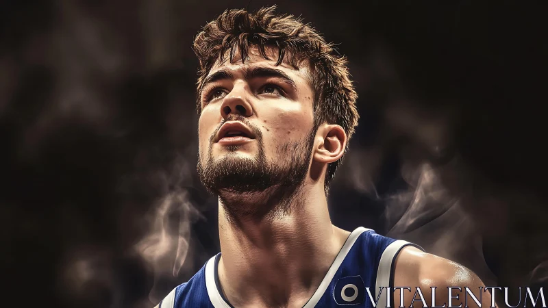 Intense basketball portrait in dramatic arena smoke lighting.