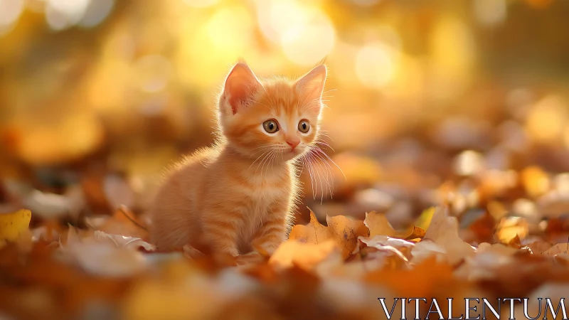 Ginger Kitten Amongst Autumn Foliage: Soft Focus Wildlife Study.