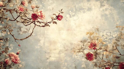 Romantic rose branches drift across a softly weathered sky